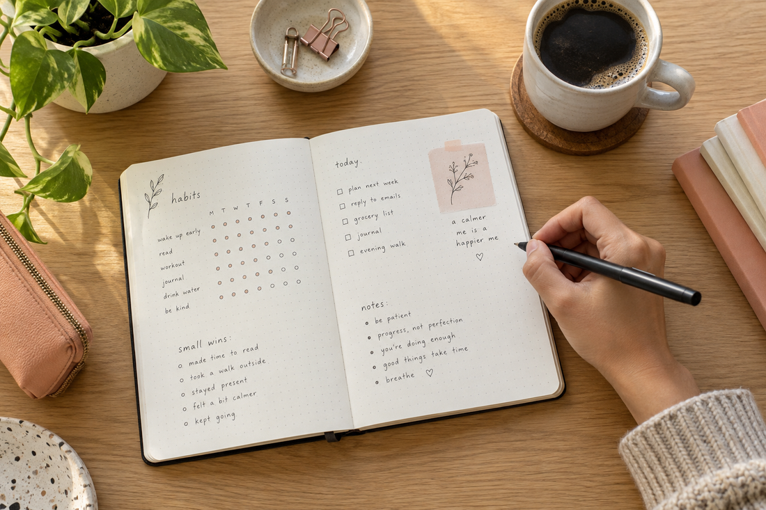Notebook polos terbuka di atas meja kayu dengan pena, suasana journaling santai di pagi hari