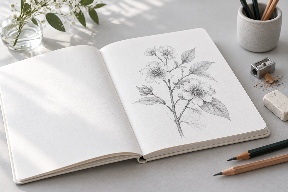 Notebook polos terbuka di atas meja kayu dengan pena, suasana journaling yang tenang dengan cahaya alami
