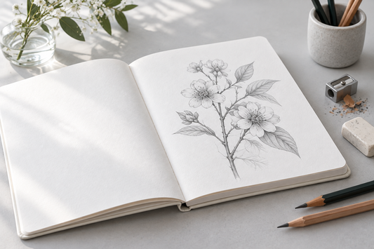 Notebook polos terbuka di atas meja kayu dengan pena, suasana journaling yang tenang dengan cahaya alami