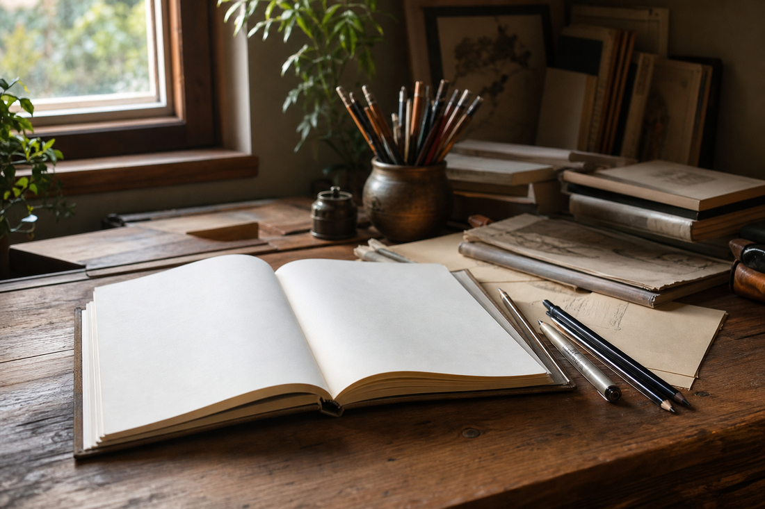 Sketchbook kosong dan alat gambar di atas meja kayu dengan cahaya alami
