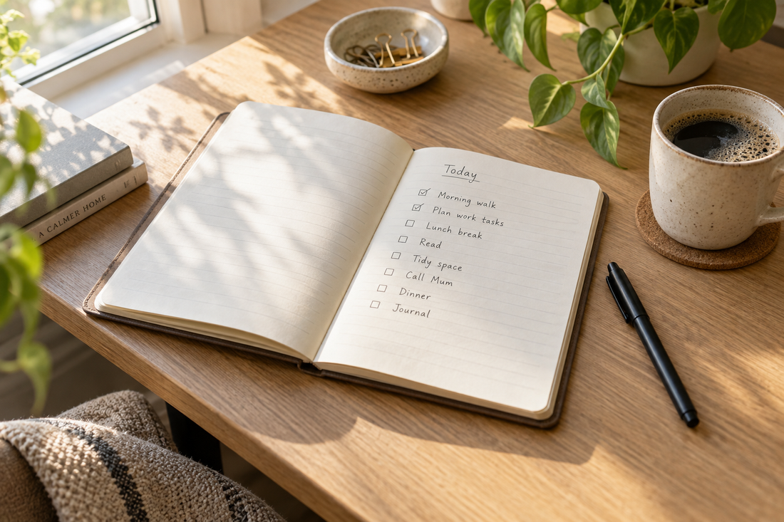 Notebook dengan daftar kegiatan harian, pena, dan kopi di meja dekat jendela